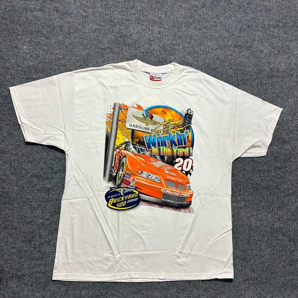 Vintage Tony Stewart #20 NASCAR Brickyard 400 T-Shirt Size XL White Short Sleeve